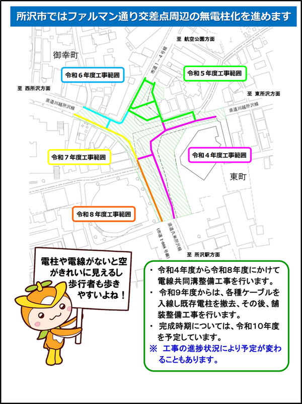 所沢市ファルマン通り交差点外無電柱化事業整備範囲です。工事期間は令和4年度から令和8年度です。